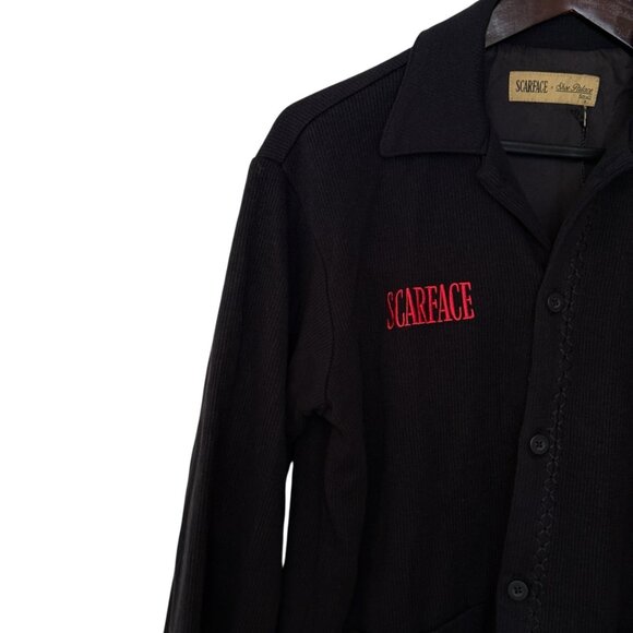 Scarface Embroidered Design Red Rose Button Up Corduroy Black Jacket Size Small - Picture 8 of 9